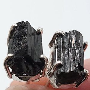 Black Tourmaline Earrings Rough Sterling Silver Stud